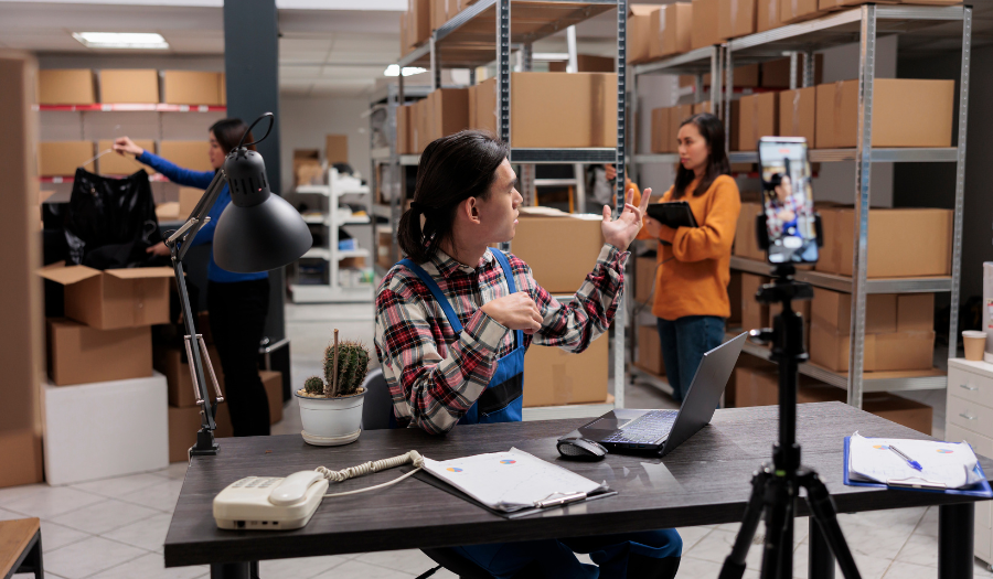 person recording video of freight and logistics operatioon inside a warehouse