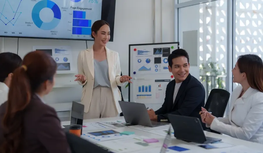 team collaborating on data driven marketing strategy
